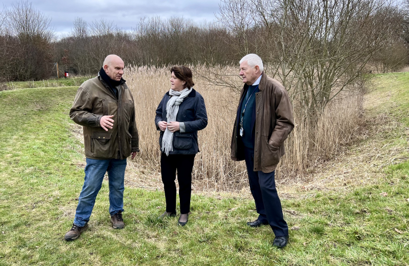 Maria Miller visited the Sherfield Park Sustainable Drainage System (SUD), with local borough Councillor Paul Miller and leader of Sherfield Park Parish Council Chris Circuit