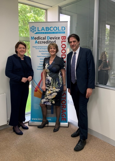 Maria is pictured with James Morris MP and Suzanne Clubley, MD of Labcold